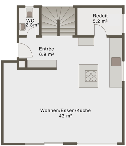 Ground floor plan of a detached house in Zürich showing open-plan living, dining, and kitchen area (43 m²), entrée, WC, and reduit.