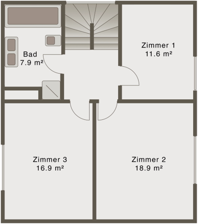 Upper floor plan of a detached house in Zürich showing three bedrooms (11.6, 18.9, 16.9 m²) and one bathroom (7.9 m²).
